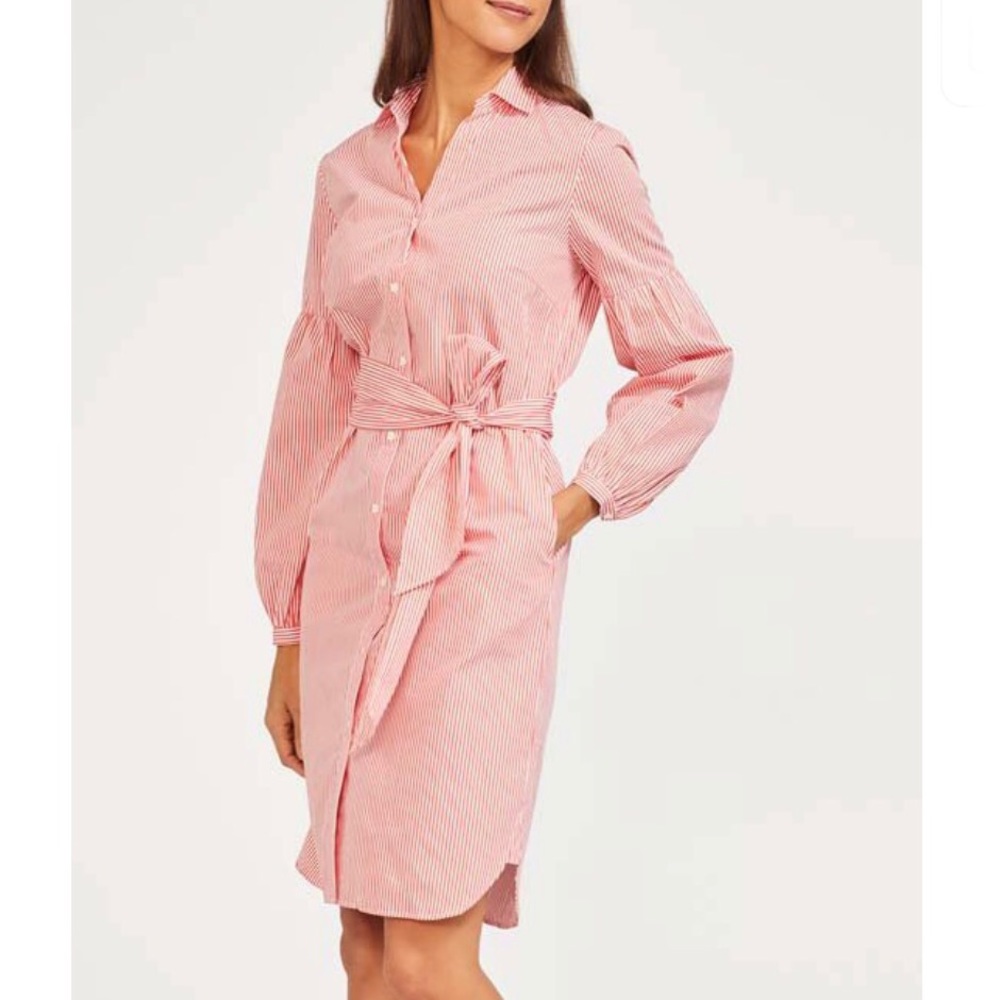 J. McLaughlin Millbury Cotton Red & White Stripe Tie Belt Midi Shirt Dress S NWT
